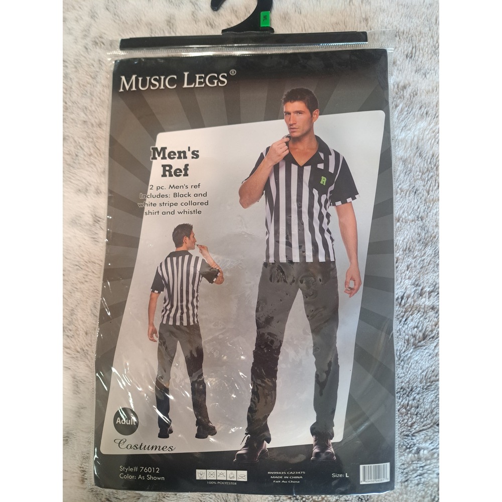 Music Legs Mens Ref Costume Black White Striped Shirt & Whistle Set Size Large